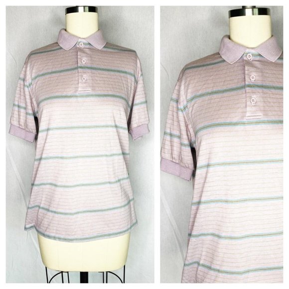 Vintage 80s Pastel Pink Striped Collar Polo Shirt - Picture 1 of 7